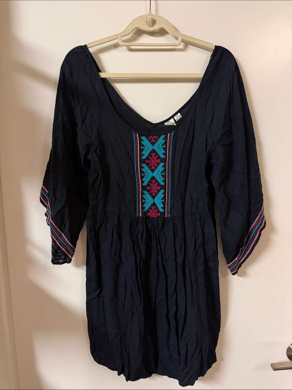 Roxy Black Top with Teal Embroidered Detail